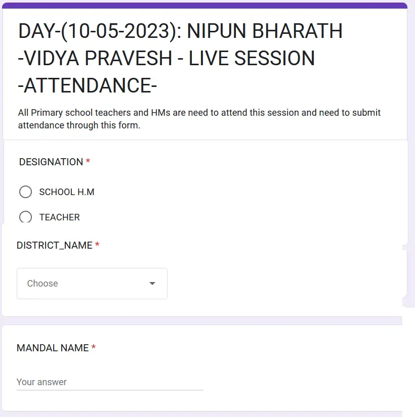 attendance form for Nipun Bharath live program